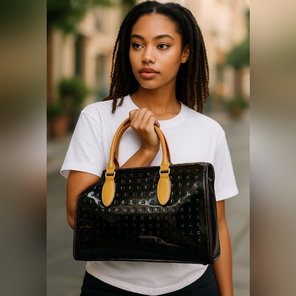 Arcadia Black patent leather Handbag with Tan Accents